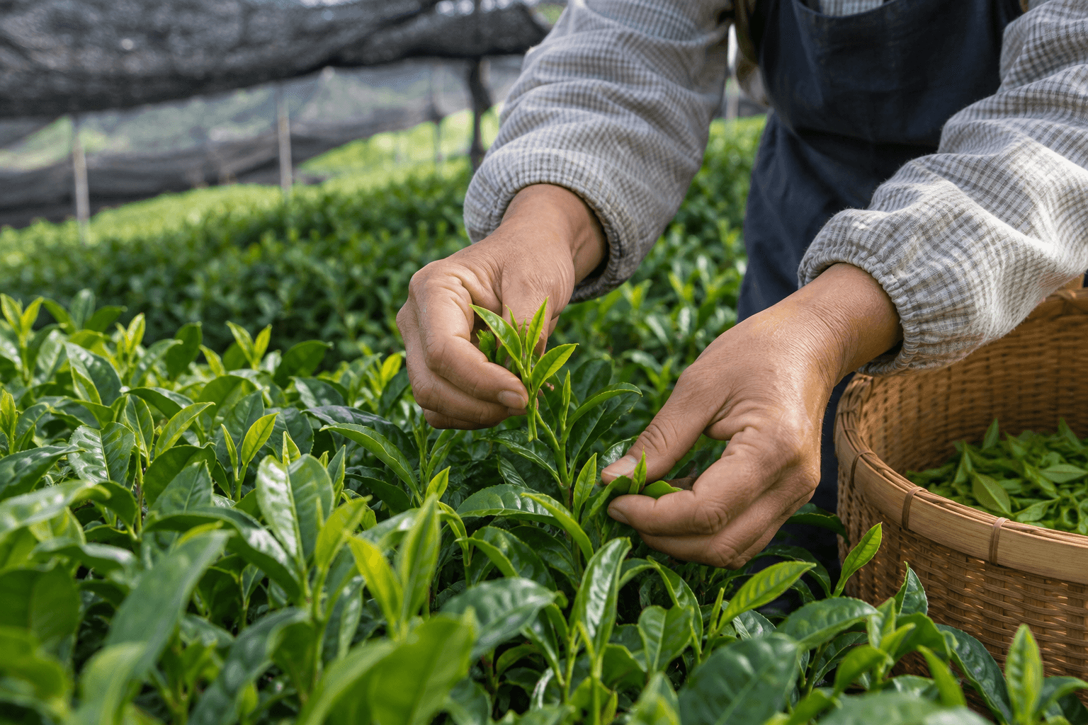 Tender tea leaves being carefully harvested