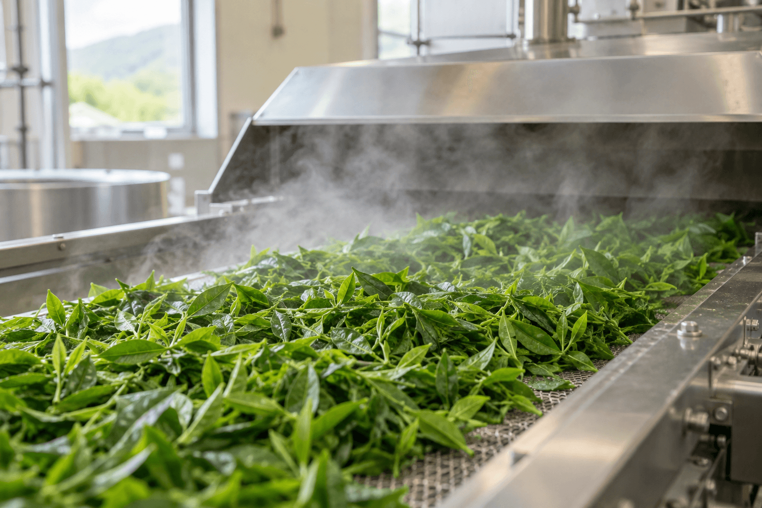 Fresh tea leaves being steamed after harvest