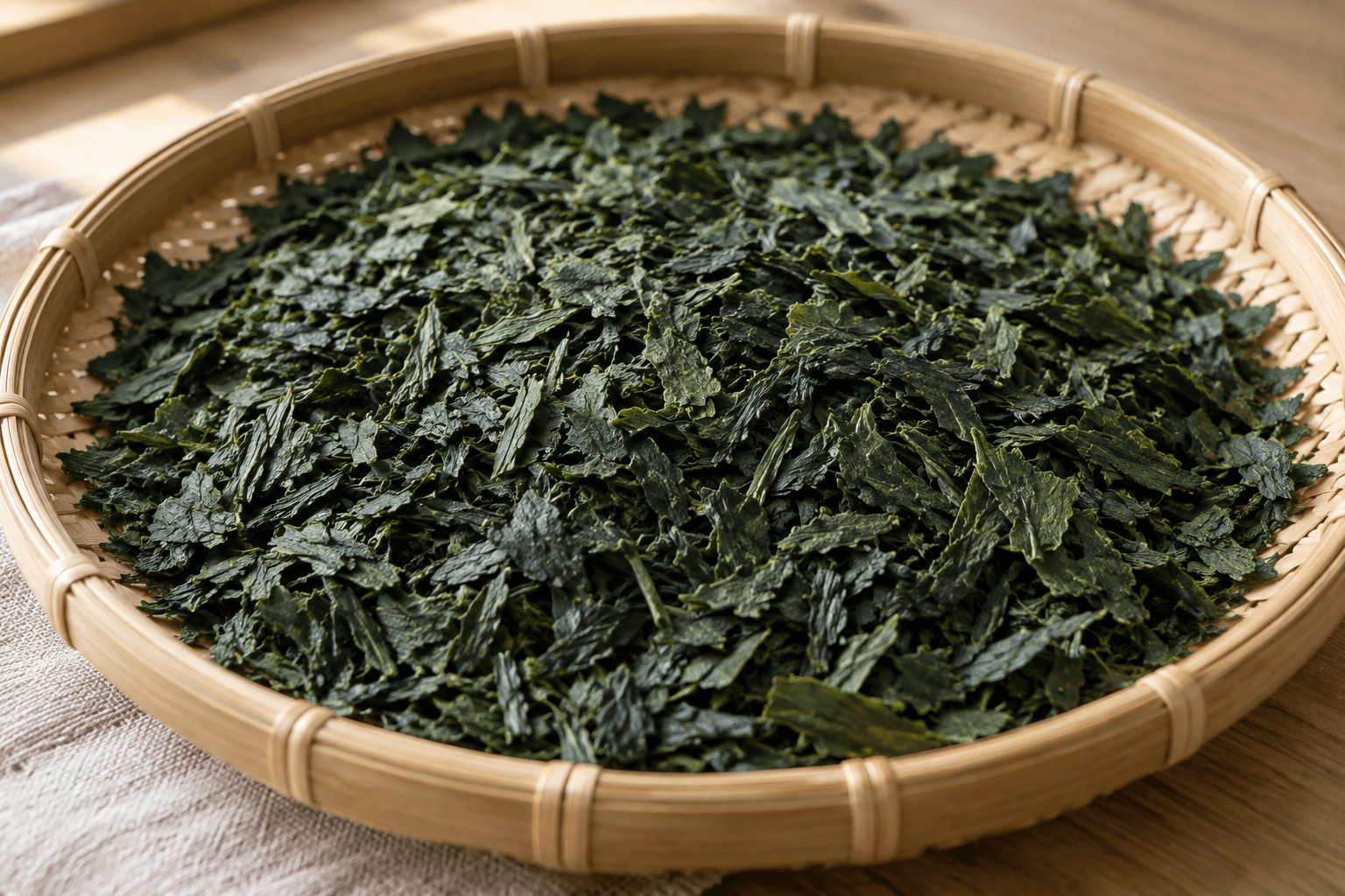 Dried tencha leaves resting on a bamboo tray