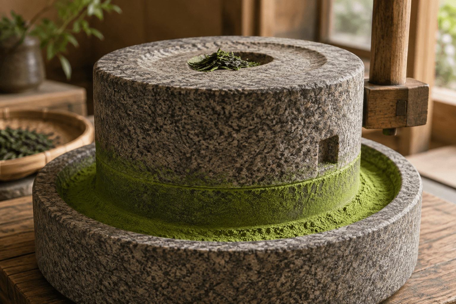 Tencha being ground into matcha with a stone mill