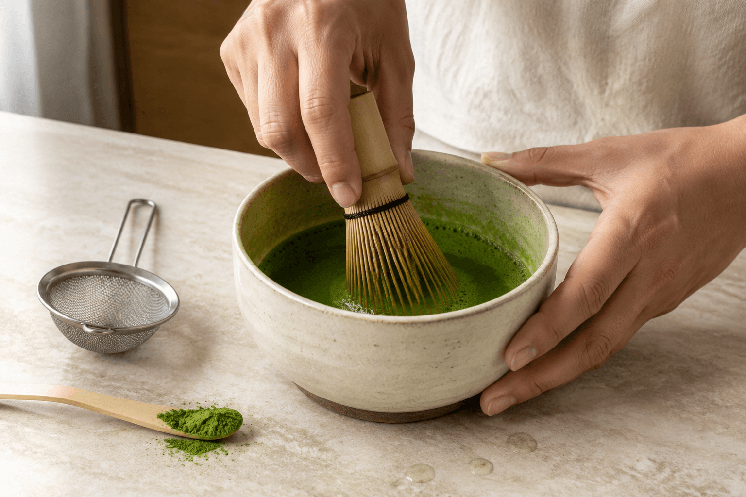 Hands whisking matcha into a ceramic bowl