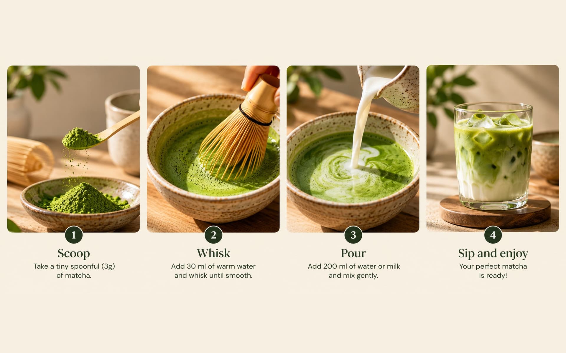 Four steps to make matcha: scoop 3 g of matcha, whisk with 30 ml of warm water, pour in 200 ml of milk, then sip an iced matcha latte