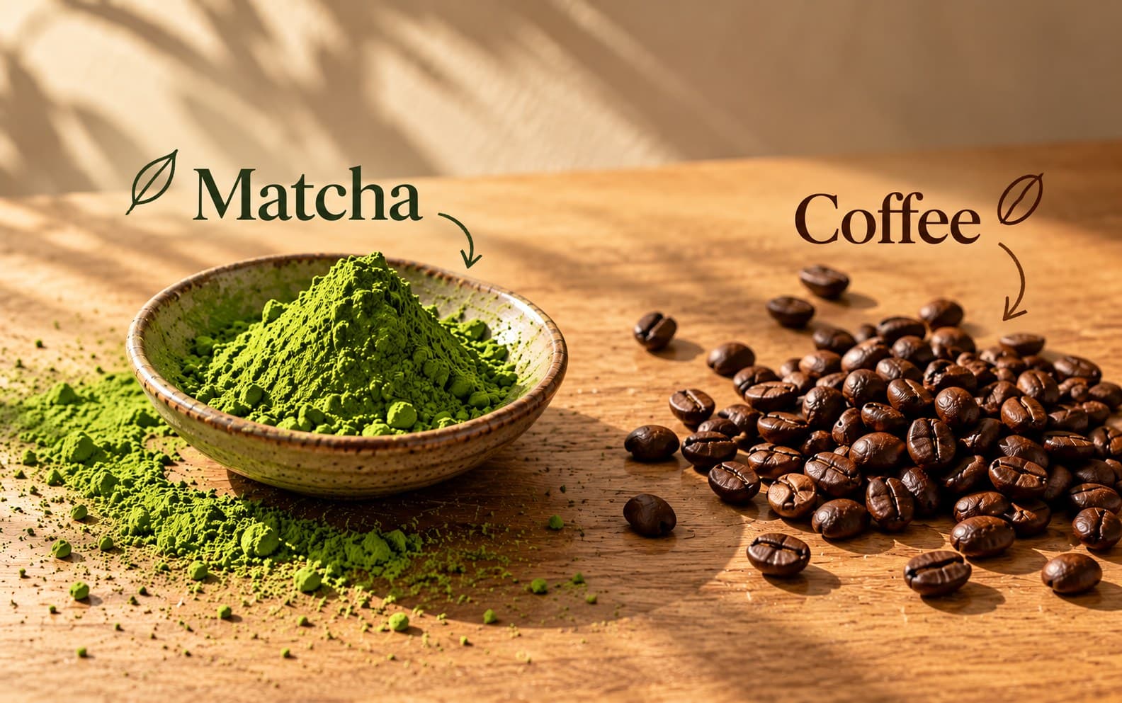 A bowl of bright green matcha powder next to a pile of roasted coffee beans on a wooden table, labelled Matcha and Coffee