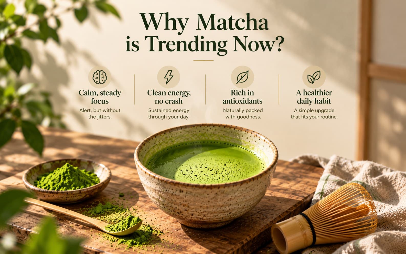 A bowl of whisked matcha with a bamboo whisk and matcha powder, under the title Why Matcha is Trending Now