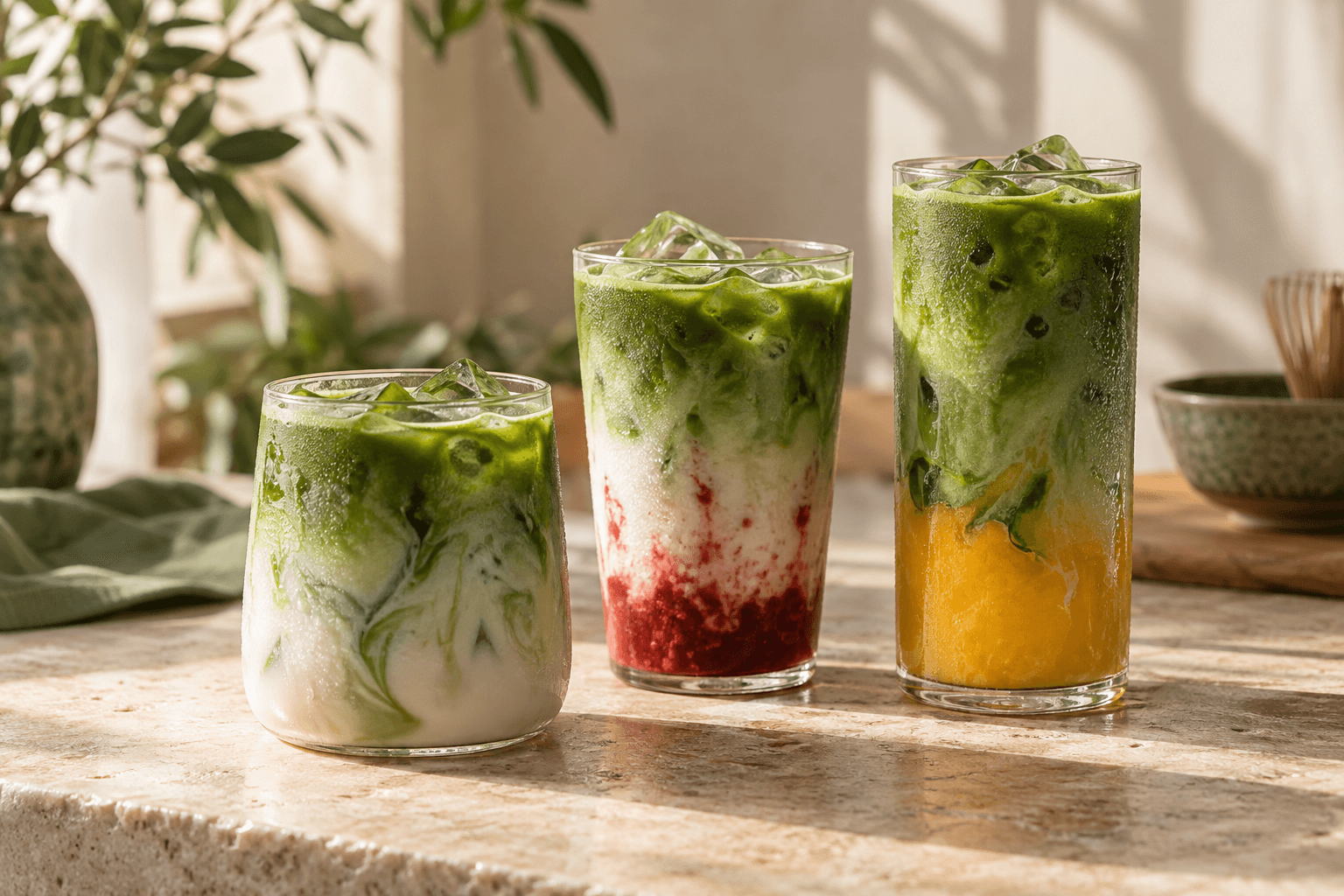Three iced matcha preparations styled in glassware, shown for serving inspiration