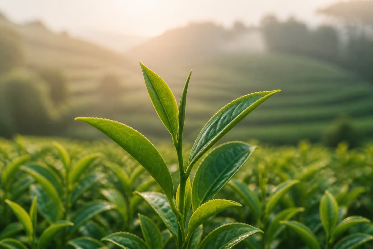 Young green tea leaves growing in a tea field