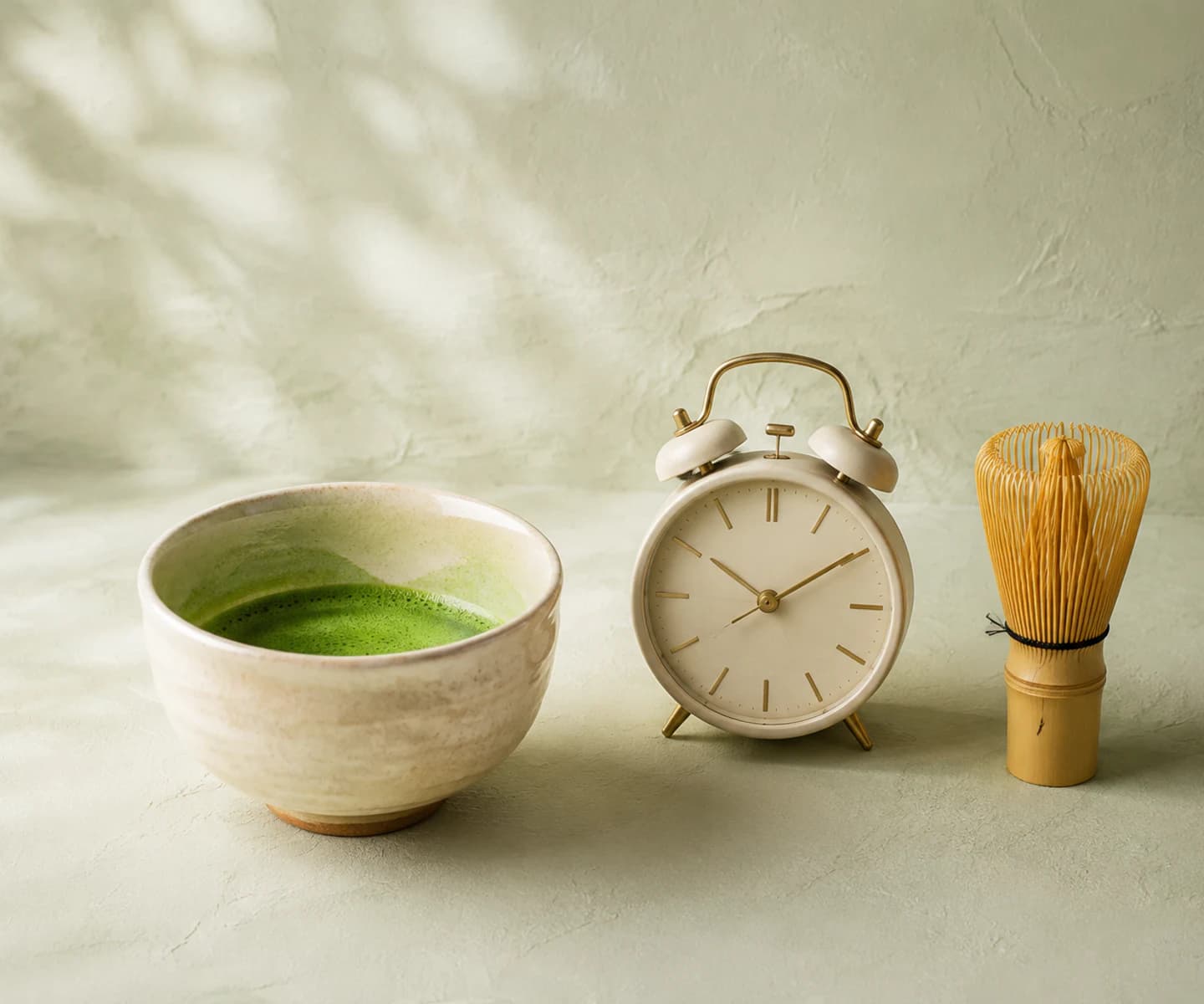 A bowl of matcha beside an alarm clock and bamboo whisk