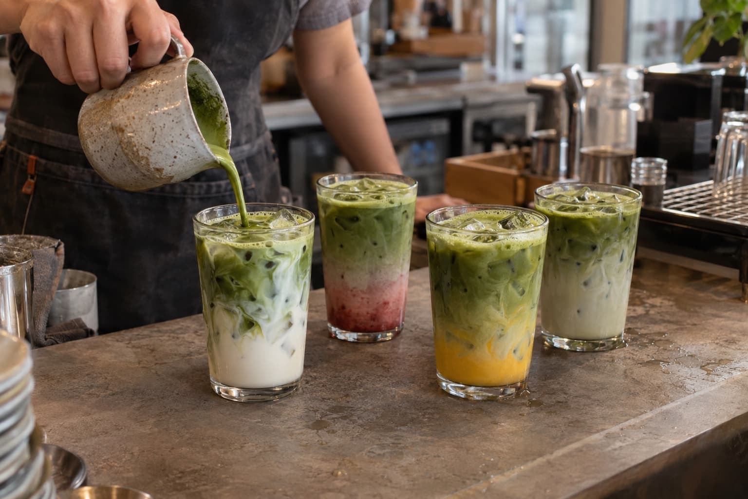 A barista pouring matcha into a row of iced matcha lattes on a café counter