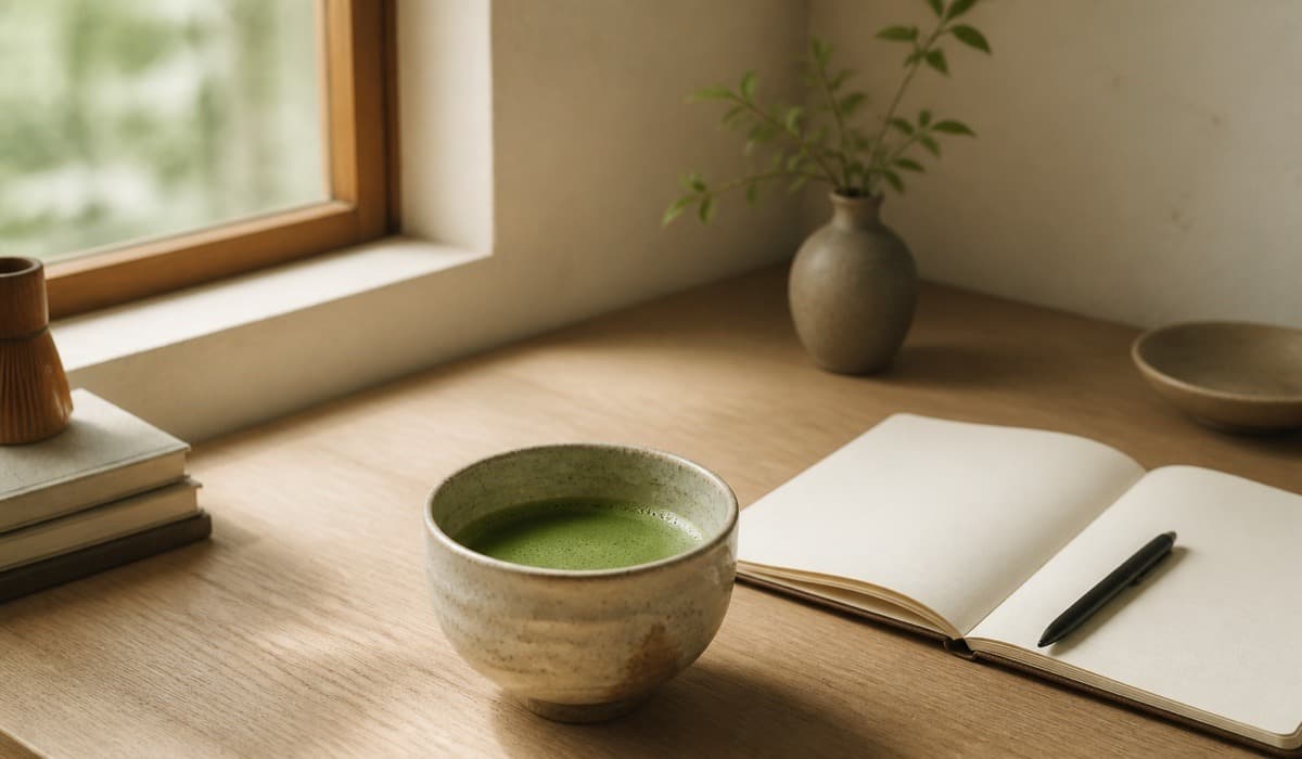 A bowl of whisked matcha on a wooden desk beside an open journal