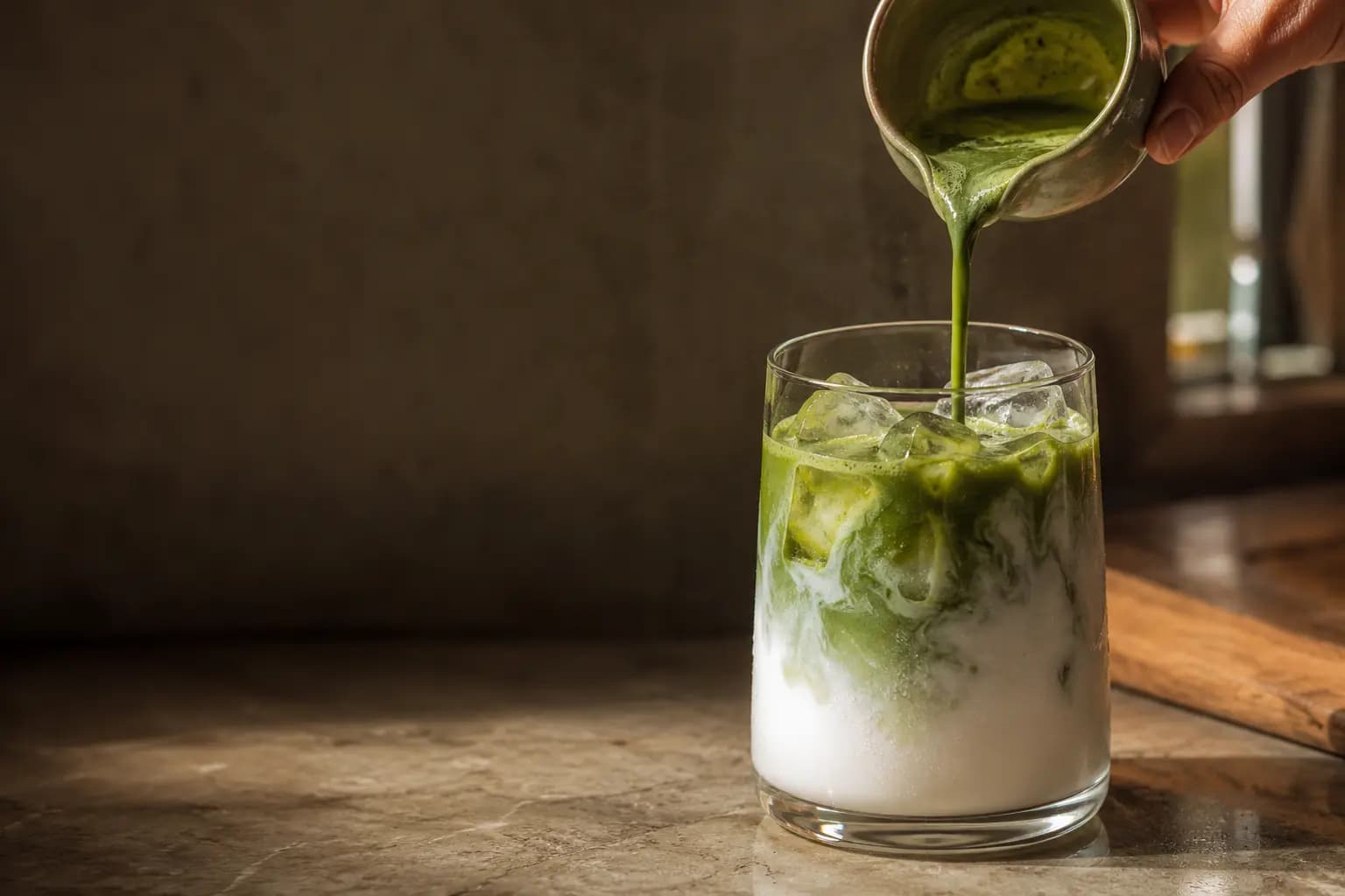 Iced matcha being poured over milk in a glass
