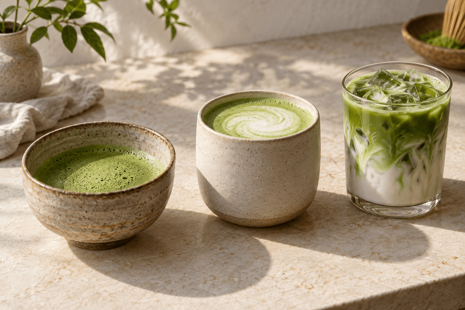 Three ways to enjoy matcha: whisked in a bowl, as a warm latte, and poured over ice