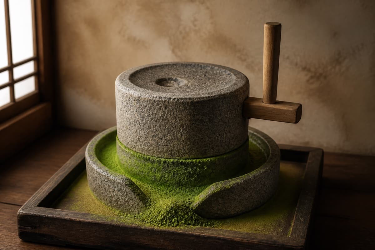A traditional stone mill grinding tencha into matcha powder