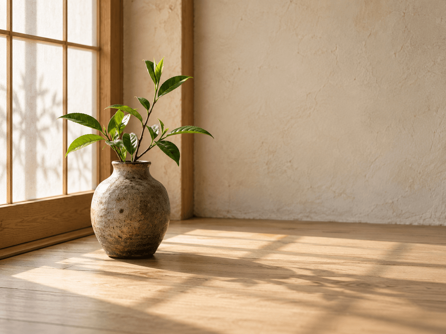 A tea branch in a ceramic vase beside a sunlit window