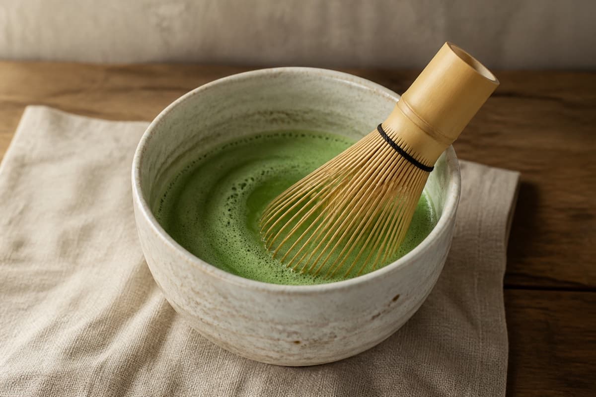 A whisked bowl of matcha, ready to taste