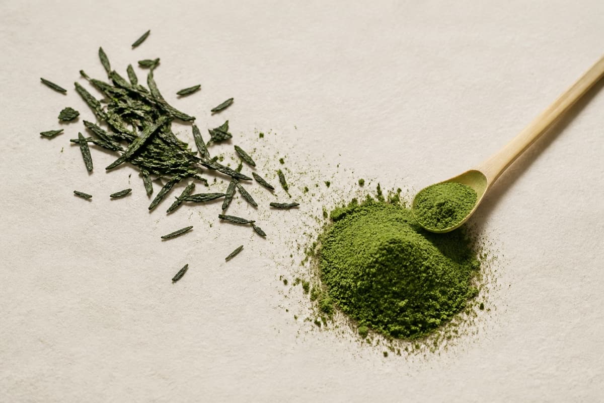 Whole tencha leaves beside a mound of finely ground matcha powder